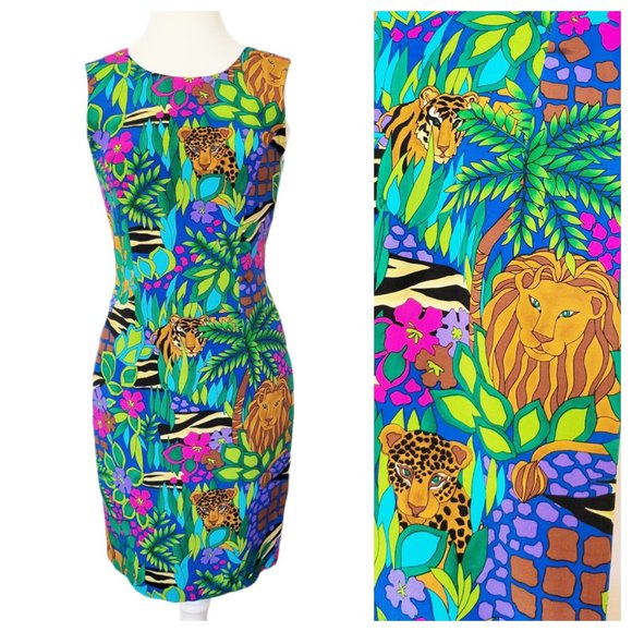 Spenser Jeremy Dresses & Skirts - Spenser Jeremy Vintage Silk Jungle Cat Sleeveless Knee Length Cocktail Dress